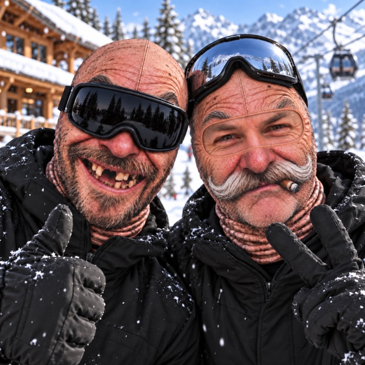 Two skiers wearing personalized funny ski masks